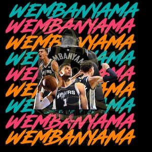 May include: A graphic featuring the name "WEMBANYAMA" in teal, pink, and orange, layered over images of basketball players in black and white Spurs jerseys. One player holds a basketball.