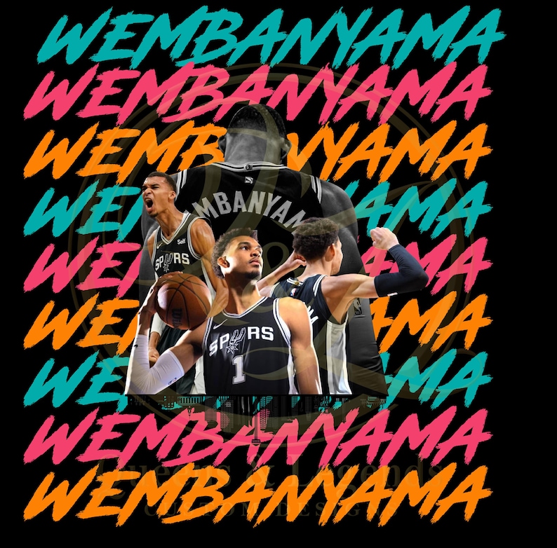 May include: A graphic featuring the name "WEMBANYAMA" in teal, pink, and orange, layered over images of basketball players in black and white Spurs jerseys. One player holds a basketball.