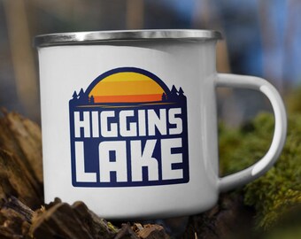 Taza de café esmaltada para acampar del lago Higgins
