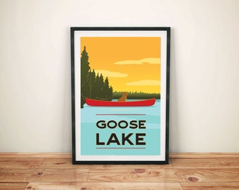 Póster de Goose Lake: Perro en canoa, impresión artística giclée