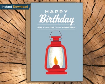 Camping Birthday Card: Vintage Lantern Adventure (Printable Card)