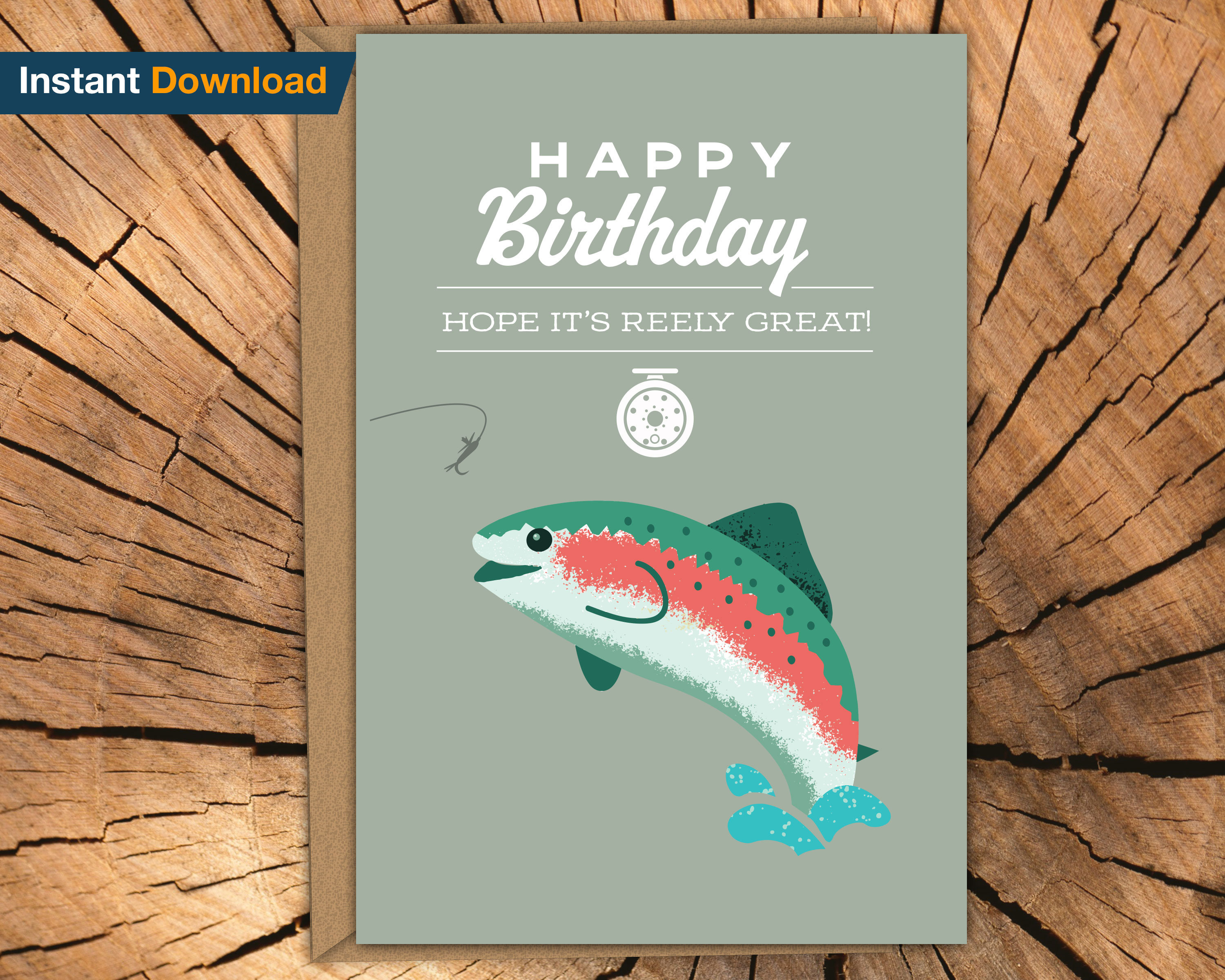 Printable Birthday Card Fly Fishing Trout, Fly Fishing Birthday Card