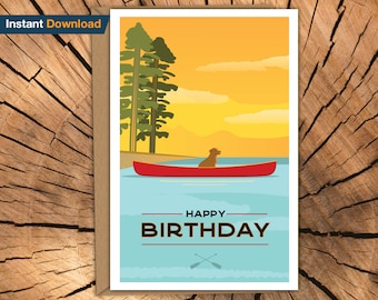 Canoe Dog Birthday Card: Vintage Lake Scene (Digital Download)