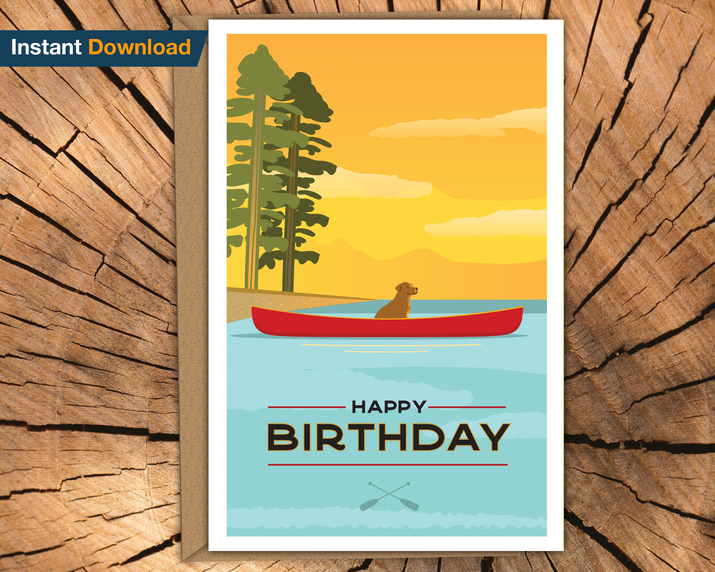 Printable Canoe Dog Birthday Card Fishing, Golden Retriever Birthday