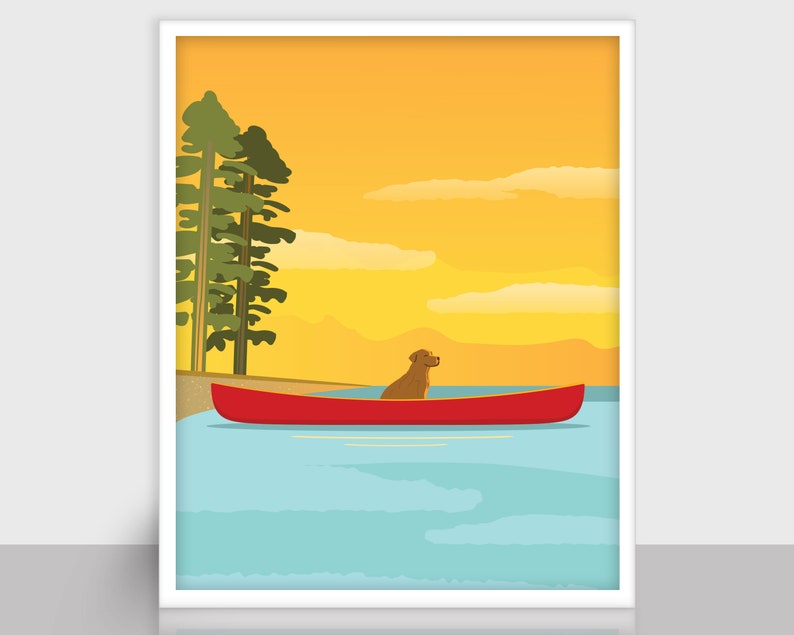 Printable Lake Wall Art Dog Canoe - Lake, Camping, Outdoors, Fishing ...