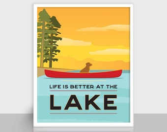 Lake House Print: Dog in Canoe Wall Art (Digital Print)