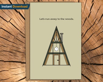 Tarjeta de aniversario de cabaña en forma de A: San Valentín aventurero (descarga digital)