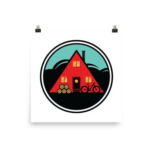 A-Frame Cabin & Bike Art Print: Mountain Biking Poster