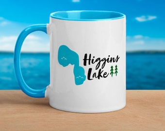 Higgins Lake Michigan Coffee Mug: Colorful Rim Ceramic Mug