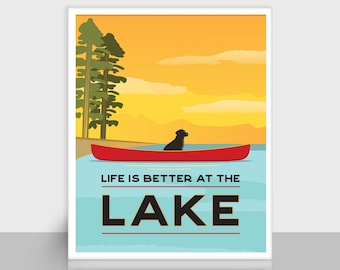 Black Lab Lake House Print: Dog in Canoe Wall Art (Digital Print)