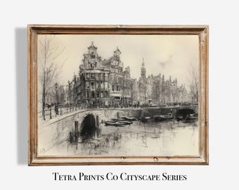 Vintage Amsterdam-kanalen skisstryck, holländsk stadsbild väggkonst | Digital nedladdning