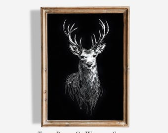 May include: A black and white line art print of a deer's head with antlers, framed in a natural wood frame. The print is titled "TETRA PRINTS Co WILDLIFE SERIES".
