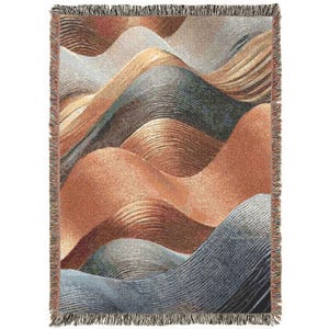 Manta tejida con ondas metálicas en cobre y plata: decoración acogedora para el hogar, ropa de cama única, manta elegante, detalle de sofá de lujo, estilo bohemio moderno.