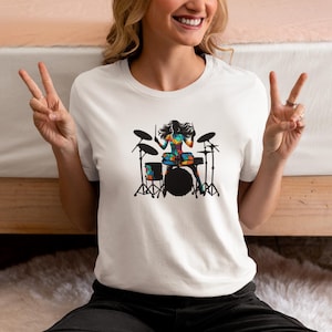 Colorful Woman playing the drums T-Shirt, Music Lover Tee, Drummer Shirt, Musician Gift, Percussionist Top