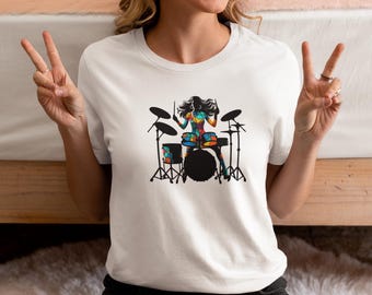 Colorful Woman Playing Drums Unisex T-Shirt | Drummer Musician Illustration