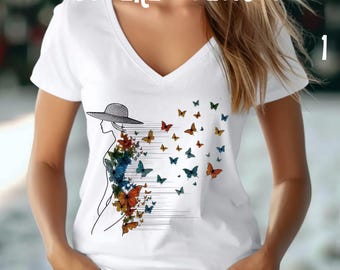 Butterfly Woman V-Neck T-Shirt | Floral Butterfly Illustration