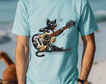 Galen katt som spelar gitarr T-shirt, musikälskare presenter, rolig djurtröja, kattälskare present, unik grafisk t-shirt