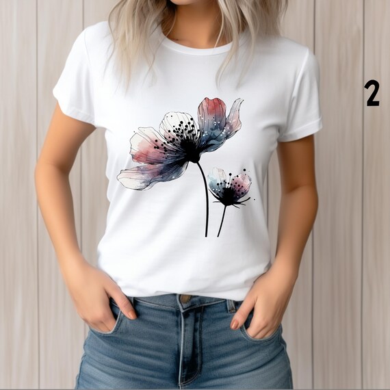 水彩画の花のグラフィックTシャツ、花柄シャツ、ボタニカルTシャツ