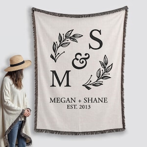 Customizable Monogrammed Woven Throw, Personalized Cotton Name Blanket, Wedding Tapestry, Gift for Couples, Bridal Shower and Wedding Gift