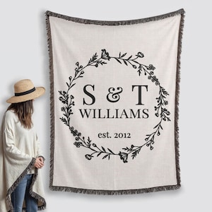 Customizable Monogrammed Woven Throw, Personalized Cotton Name Blanket, Valentines Blanket, Gift for Couples, Wedding Engagement Keepsake