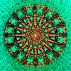 May include: A digitally created, symmetrical mandala design. The artwork features concentric circles with intricate patterns in shades of green, orange, and gold. The outer ring has a textured appearance, while the center is a detailed, star-like design.