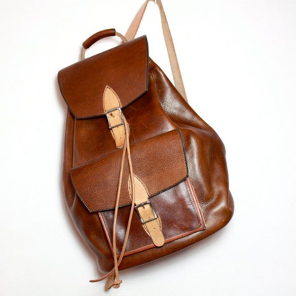 VTG 90's Extra Large Handmade Leather Buckle Backpack Rucksack