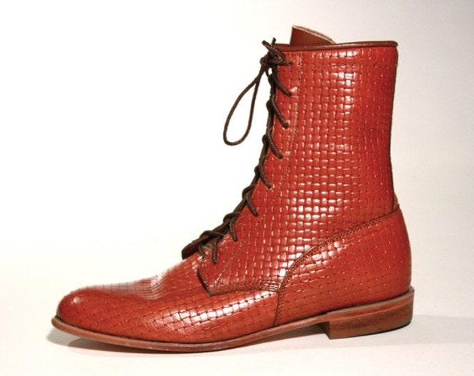 VTG JUSTIN Quilted WOVEN Leather ROPER Lace up Ankle Boots 7 7.5 Etsy