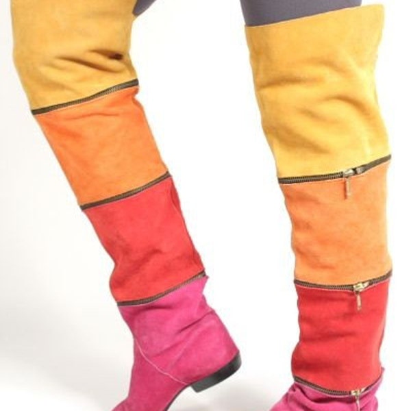 VTG 80's Flat Suede Multi Color ZIPPER Thigh High OTK Pirate Boots 7.5