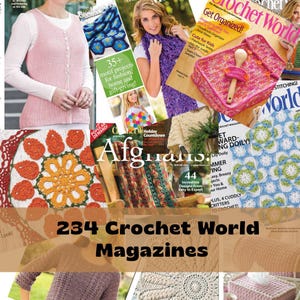 Può includere: Una collezione di 234 riviste Crochet World, che mostrano vari progetti all'uncinetto. L'immagine presenta copertine con colorati disegni all'uncinetto, tra cui afghani, centrini e abbigliamento. Le riviste offrono modelli e istruzioni per diversi livelli.