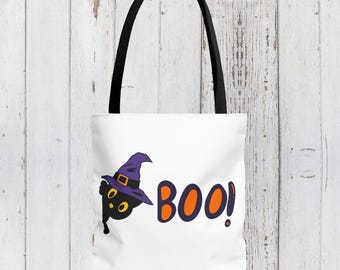 Cute Cat Boo Tote Bag - Halloween, Trick or Treat Bag, Cat Lover Gift, Spooky Bag, Halloween Costume Accessory