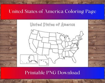 May include: A black and white outline of the United States map, including Alaska and Hawaii, for coloring. The text "United States of America Coloring Page" and "Printable PNG Download" are displayed in red and blue gradient bars.