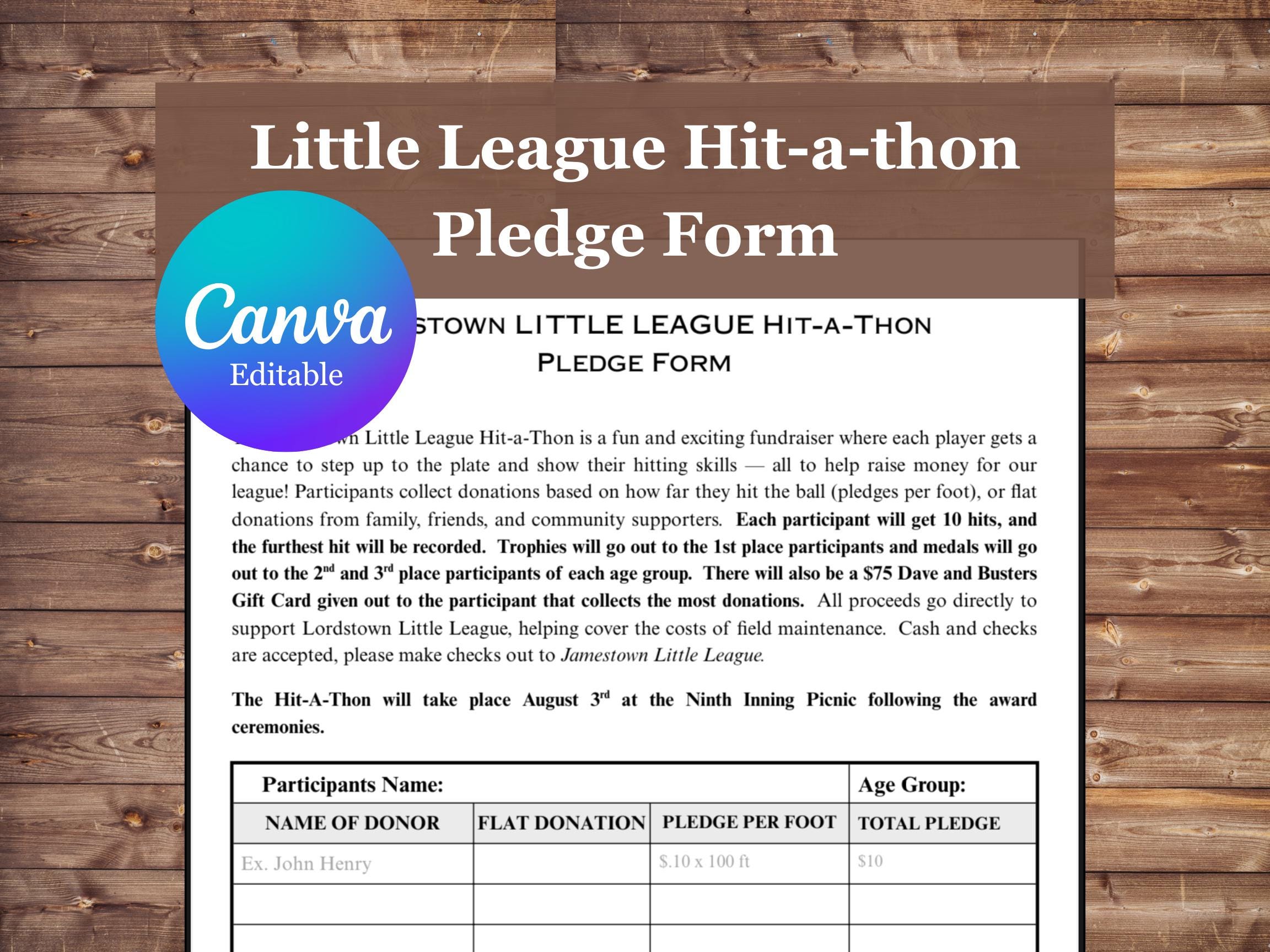 Editable Baseball Little League Hit-a-thon Fundraiser Pledge Sheet ...