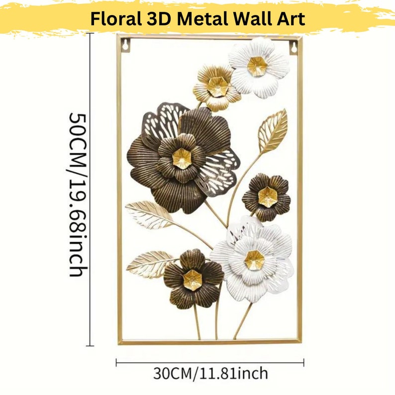 Floral 3D Metal Wall Art Elegant Gold, White, Black Flower Metal Wall