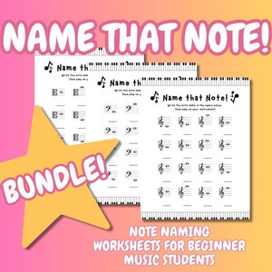 Puede incluir: Un paquete de hojas de trabajo imprimibles para estudiantes de música principiantes. Las hojas de trabajo presentan un teclado de piano y notas musicales con el texto "Name that Note!" y "Write the note name in the space below. Then play on your instrument."