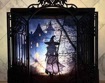Haunted Witch Silhouette Shadowbox Lantern: Halloween Decor w/LED Light and Remote