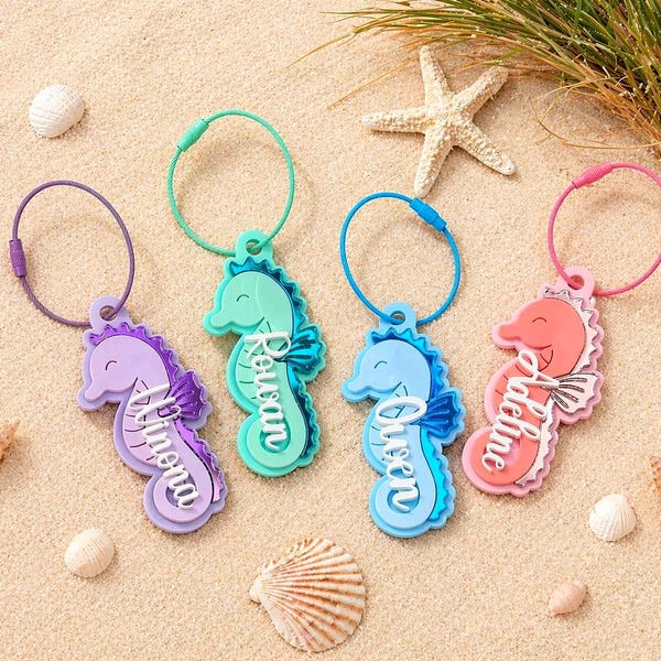 Etiqueta de Bolsa Personalizada com Cavalo-Marinho | Etiqueta de Presente Personalizada para Despedida de Solteira | Etiqueta para Mochila Infantil