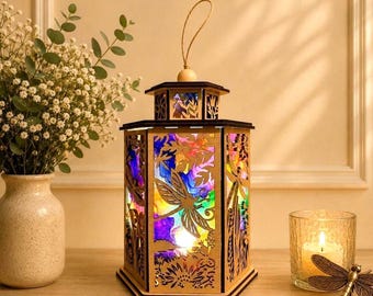 Dragonfly Lantern, Stained Glass Style, Laser Cut Botanical Details, Custom Engraving Included