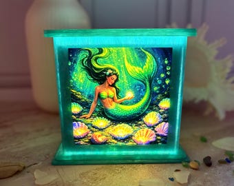 Linterna de sirena juguetona, luz nocturna con escena oceánica, lámpara acrílica de cristal marino color turquesa, regalo de decoración playera, regalo para amantes de las sirenas