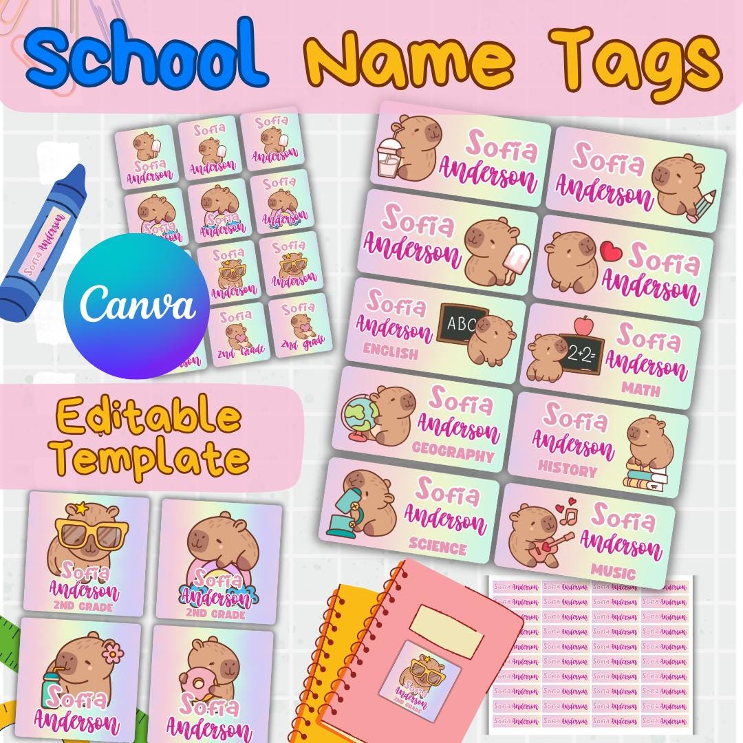 Capybara School Name Tags- Printable and Editable Canva Template, Back to School, Fun Capybara School Labels, Printables tags for kids.