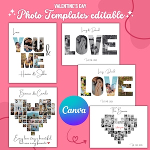 Foto Amor: Plantillas editables de Canva para San Valentín, collages personalizables, recuerdos de amor, collage de fotos de corazón de Canva, regalo de pareja.