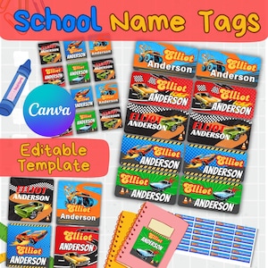 Puede incluir: Un conjunto de etiquetas escolares coloridas con gráficos de coches y el nombre "Elliot Anderson". Las etiquetas tienen varias formas y tamaños, con las palabras "School Name Tags" y "Editable Template". También hay un lápiz de color azul.