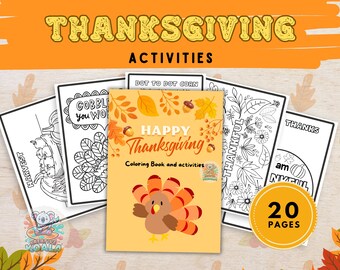May include: A collection of Thanksgiving-themed coloring books and activities. The central book features a turkey illustration and the text "Happy Thanksgiving." Other pages include "Harvest," "Gobble You Won," and "20 Pages." The top banner reads "Thanksgiving Activities."
