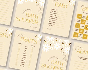May include: A set of printable baby shower game cards featuring a bee and daisy theme. The cards include games like "Baby Bingo", "Baby's Best Traits", "Wishes for Baby", and "Give Your Best Advice".