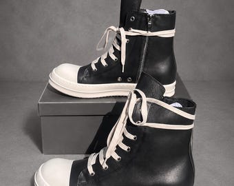 Genuine Leather Thin Lace Up High Top Sneakers: Rick Owens Style Black Platform Chunky Shoes