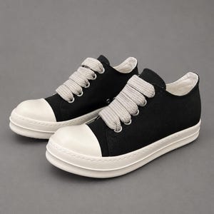 Canvas Low Top Sneakers: Wide Lace Up Rick Owens Style Black Casual Shoes