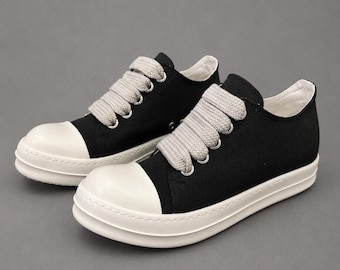 Canvas Low Top Sneakers: Wide Lace Up Rick Owens Style Black Casual Shoes
