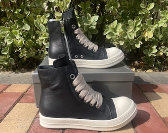 Genuine Leather Rick Owens Style Wide Lace Up High Top Sneakers: Black Platform Zipper Chunky Shoes