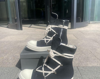 Canvas Platform Shoes: Rick Owens Style High Top Lace-Up Black Chunky Sneakers