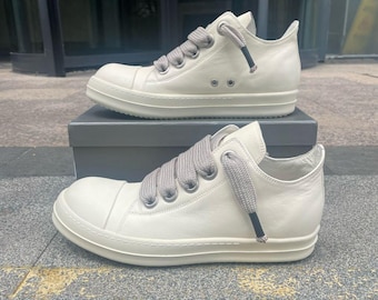 White Leather Rick Owens Style Low Top Sneakers - Lace-Up Casual Shoes