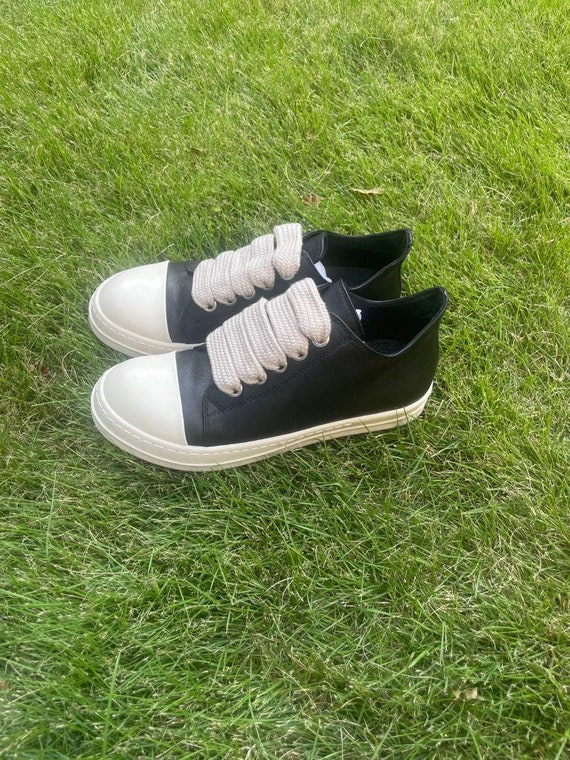 Sneakers Rick Owens Style Genuine Leather Wide lace Low Top Chunky Sneakers: Black Casual Shoes